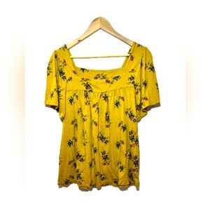 Lucky Brand Women Square Neck Floral Top Mustard Yellow Size Medium
